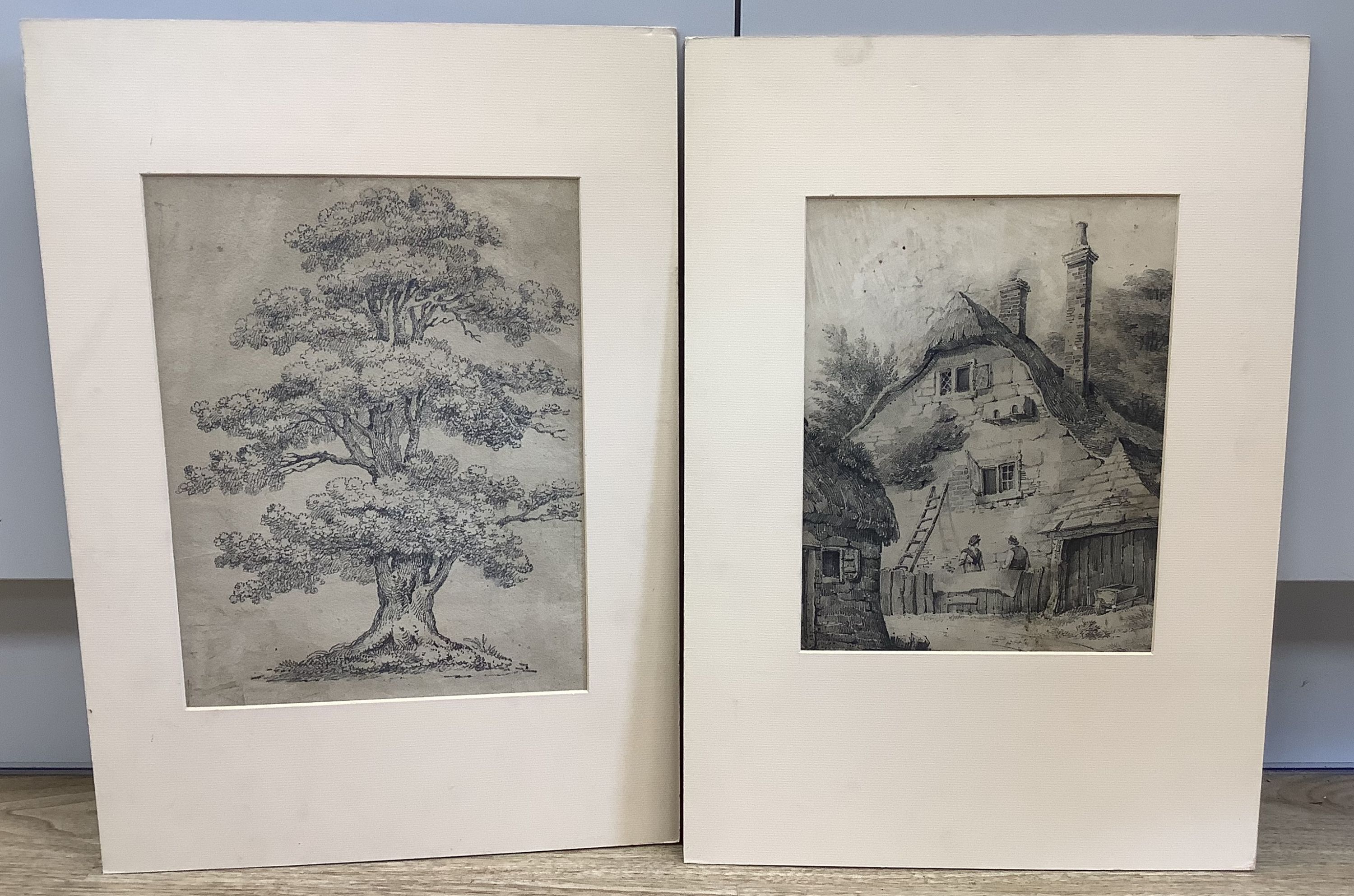 Early 19th century English School, two pencil drawings, Figures beside a cottage and Study of an oak tree, 25 x 20cm and 30 x 22cm, unframed